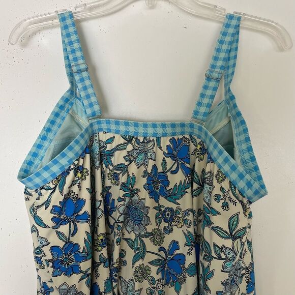 Lands End Swim Top 14 DD Tankini Modest Padded Bra Blue Floral Check Plaid EUC - Picture 5 of 8
